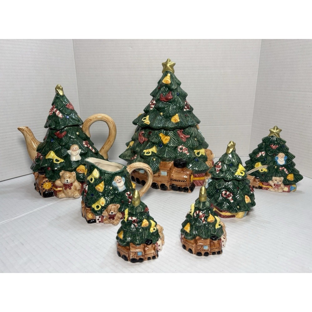 RARE! Vintage 1995 Jay Import Christmas Tree Tea Teapot‎ Creamer Cookie Jar Set